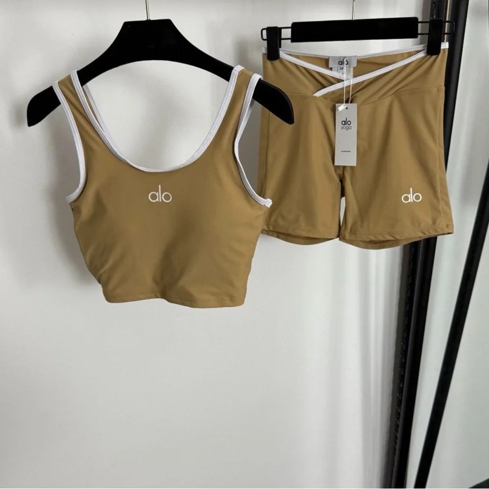 ALO Yoga Womens Crop Tank & Shorts Set in Tan with White Trim